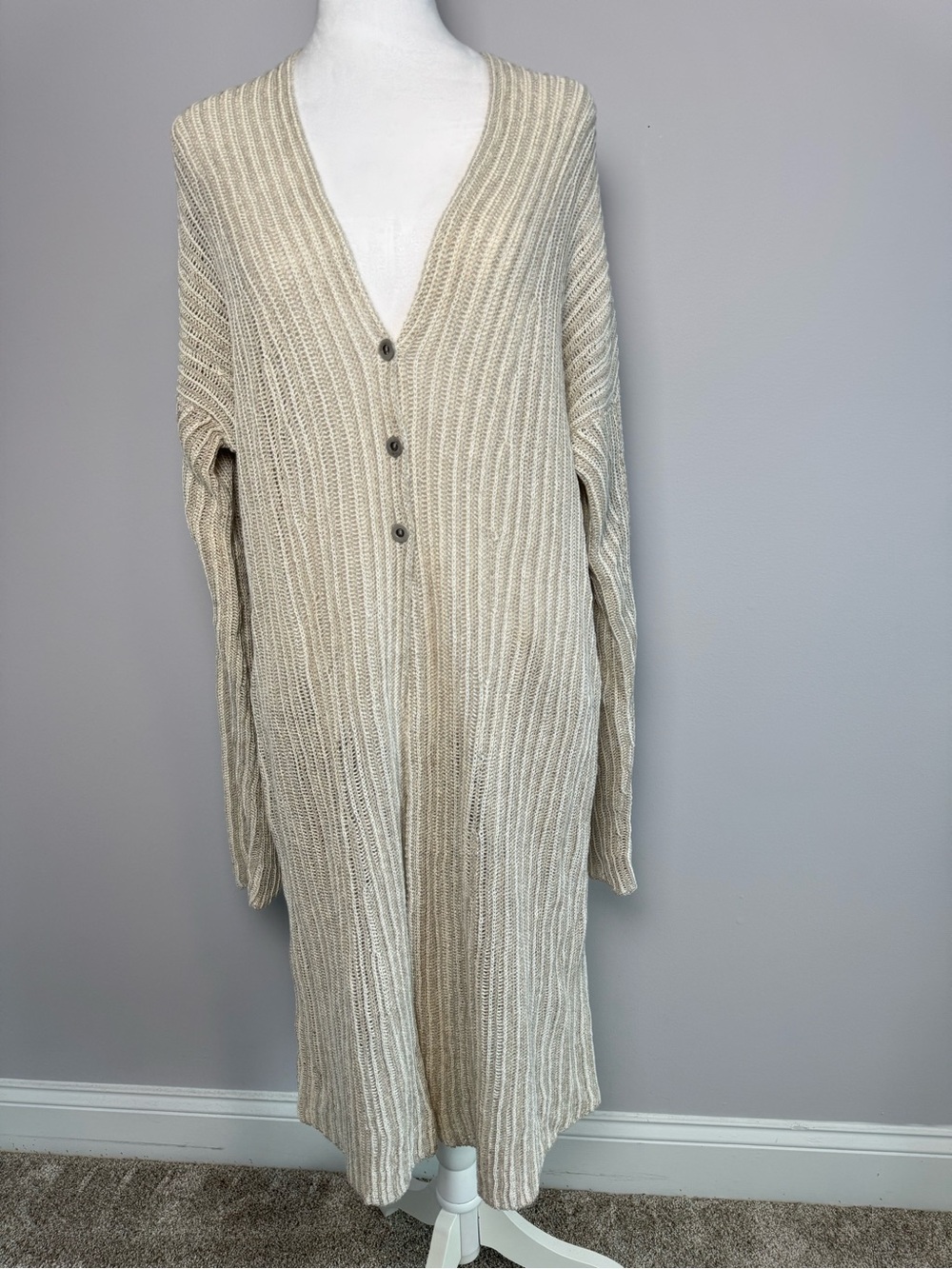 Transit Par Such Italian Linen Rib Knit Longline Button Duster Cardigan Sweater